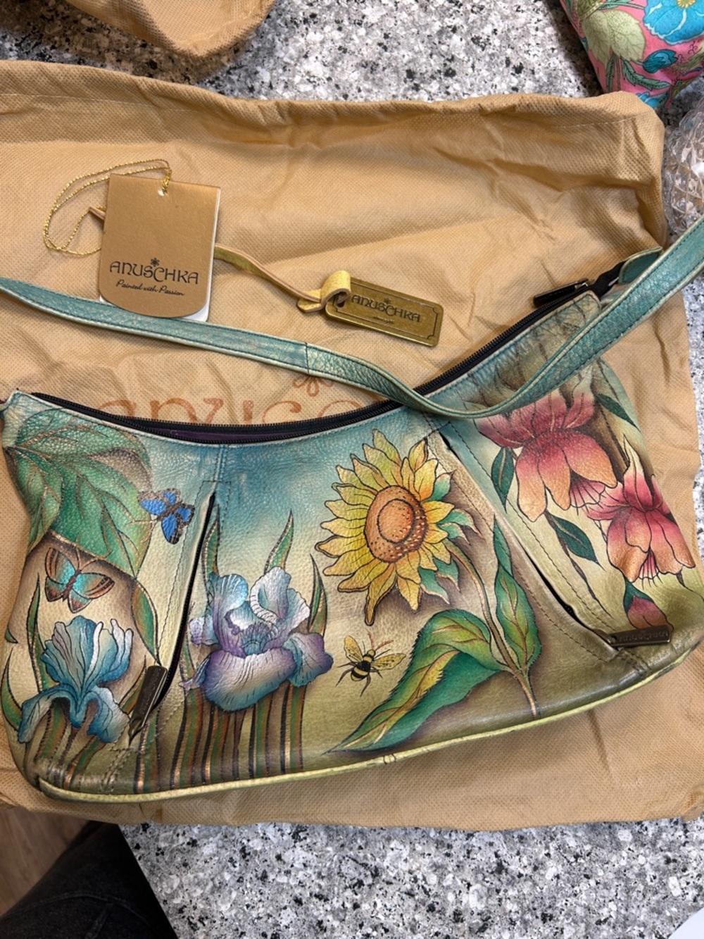 Anuschka Hand-Painted Floral & Butterfly Leather Shoulder Bag - Teal Multi - Picture 2 of 8
